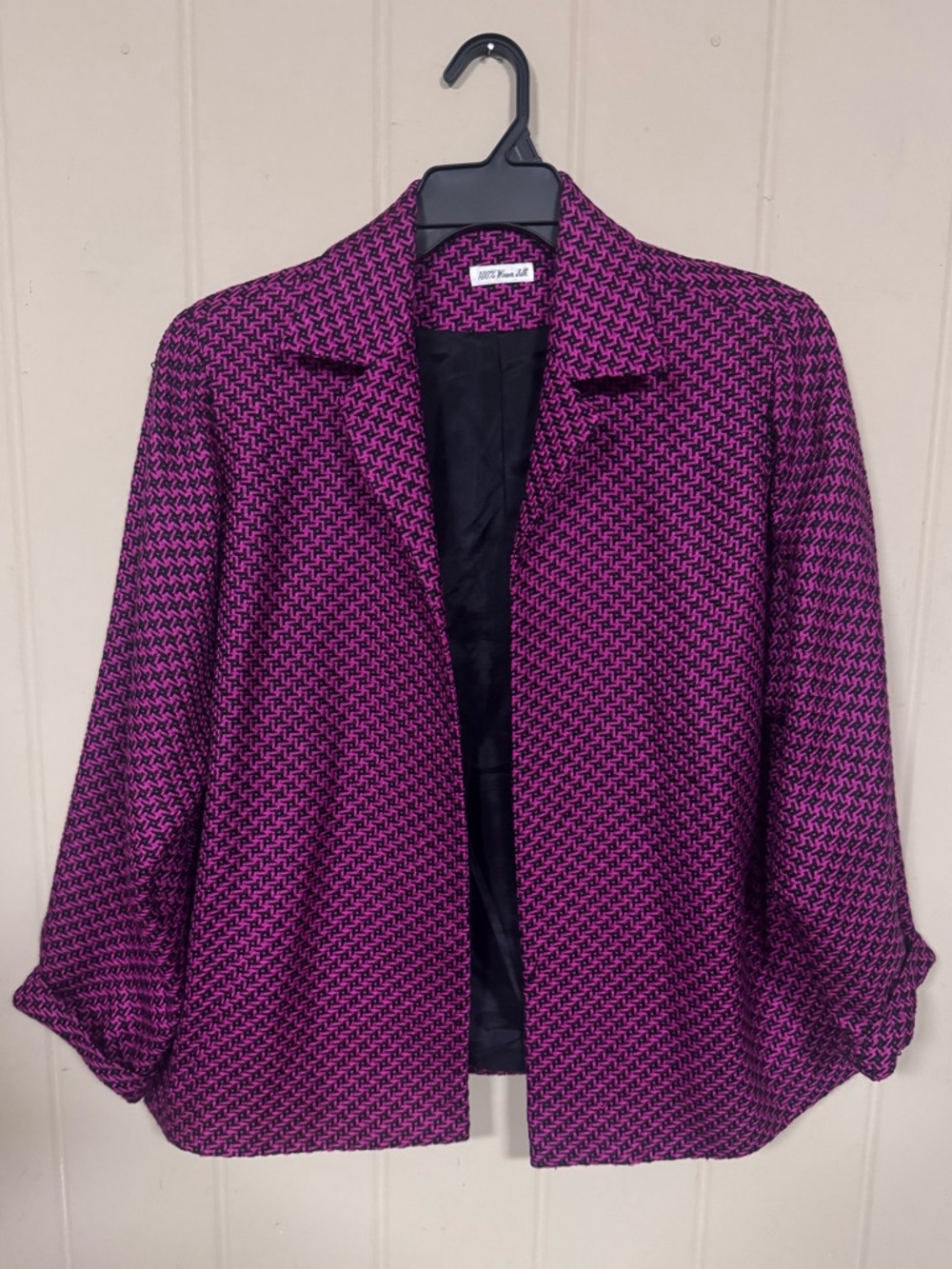 Ann May 100% Silk Pink Black Patterned Cropped Jacket Open Front Blazer
